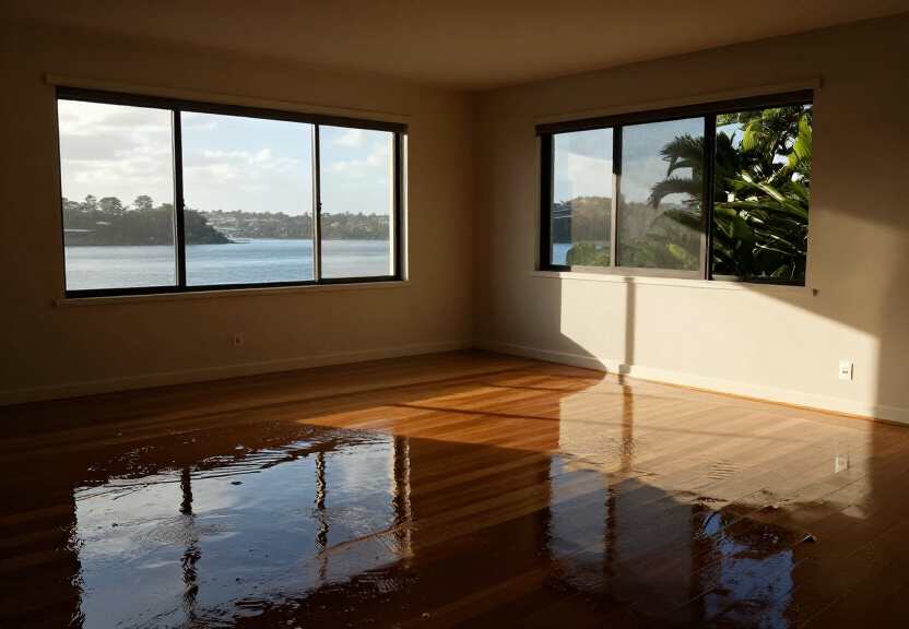 Water-damaged living room in Werrington with soaked carpet and peeling paint